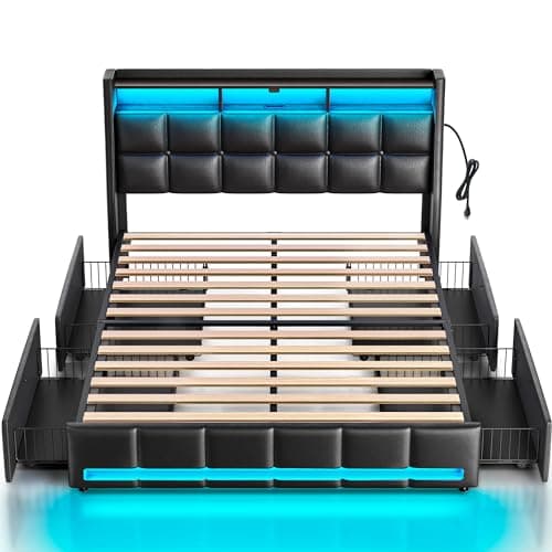 Rolanstar Full Size Bed Frame with LED Lights and Charging Station, PU Leather Bed Storage Headboard & Drawers, Heavy Duty Wood Slats, Easy Assembly, Black - Image 1