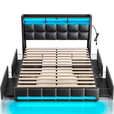 Rolanstar Full Size Bed Frame with LED Lights and Charging Station, PU Leather Bed Storage Headboard & Drawers, Heavy Duty Wood Slats, Easy Assembly, Black - Image 1