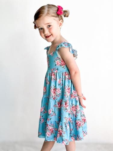 Girls Dresses Size 7 8 Sleeveless Floral Vintage Dress Swing Ruffle Sleeve Blue Sundresses for Girl - Image 5