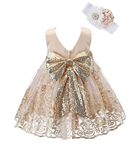 Bow Dream Baby Flower Girl Dresses Lace Bowknot Wedding Pageant Formal Tutu Gown Gold 0-3 Months - Image 1