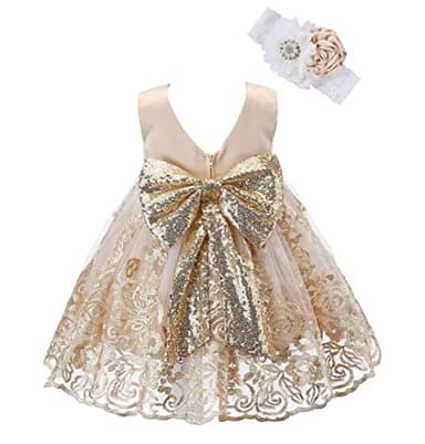Bow Dream Baby Flower Girl Dresses Lace Bowknot Wedding Pageant Formal Tutu Gown Gold 0-3 Months - Image 1