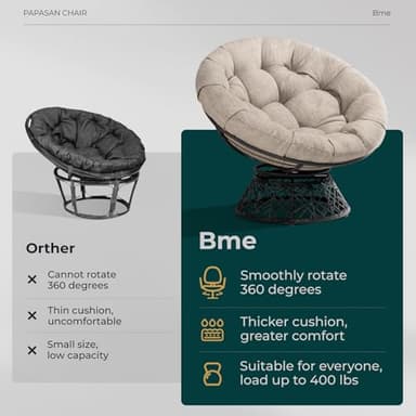 Bme 40" Ergonomic Wicker Papasan Chair with Soft Thick Density Fabric Cushion, High Capacity Steel Frame, 360 Degree Swivel for Living, Bedroom, Reading Room, Lounge, Silver Cloud - Black Base - Image 6