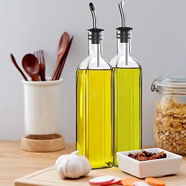 Leaflai Olive Oil Dispenser Bottle, 2 Pcs Glass Olive Oil Dispenser and Vinegar Dispenser Set with 2 Stainless Steel Pourers, 4 Labels,1 Brush and 1 Funnel Oil Bottles for Kitchen (500ml) - Image 4