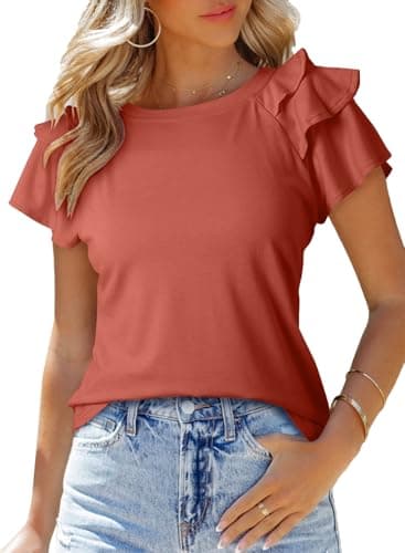 SHEWIN Plus Size Tops for Women 2025 Ruffle Short Sleeve Tee Shirts Casual Slim Fit Orange 2XL - Image 1