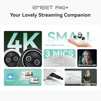 EMEET Piko+ Webcam 4K, World's 1st Dual-Camera AI-Powered 4K Webcam, 1/2.55'' Sony Sensor, 3 Mics&3 Sound Modes, Panda Magnetic Privacy Cover, USB C-C&C-A, Ideal for Livestreamers and Content Creators - Image 2