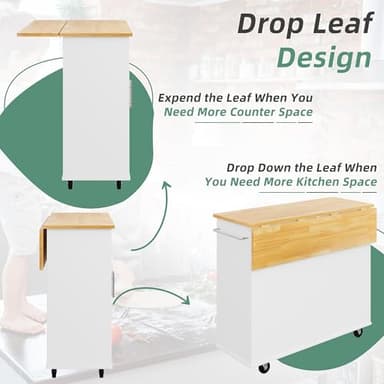 Shintenchi Rolling Kitchen Island Cart with Folding Drop Leaf Breakfast Bar, Portable Trolley Island with Large Storage Cabinet, Shelf and Drawer, White - Image 3