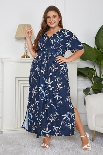 Keluummi Plus Size Wedding Guest Maxi Dresses for Curvy Women, Summer Formal Floral V Neck 3/4 Sleeve A Line Long Party Dress(22 Plus, 02 - Navy Blue Floral) - Image 7