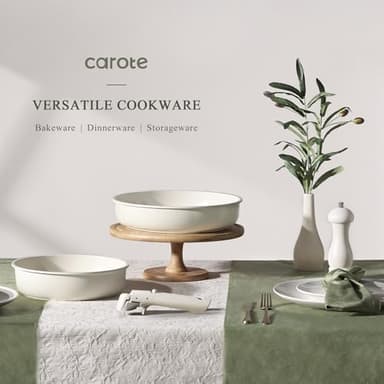 CAROTE 5pcs Pots and Pans Set Non Stick, Cookware Set, Removable Handle Pots and Pans Nonstick, RV Oven Safe Cookware, Induction Kitchen Cookware Set, Knife Set, Cream White - Image 7