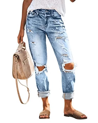 KUNMI Women's Ripped Mid Waisted Boyfriend Jeans Loose Fit Distressed Stretchy Denim Pants - Image 2