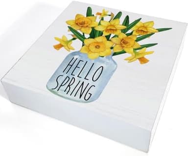 Spring Decor - Hello Spring Decorations - Floral Wooden Decorative Sign - Rustic Home Decor for Desk Table Shelf 5 x 5 Inches - Image 4