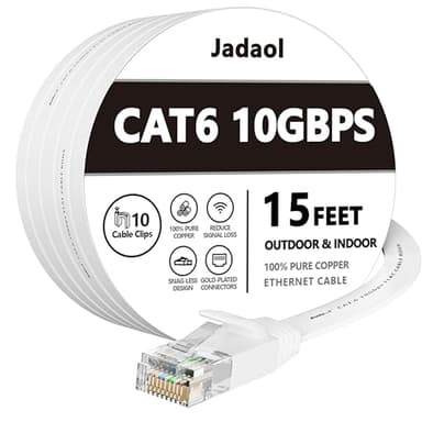 Jadaol Cat 6 Ethernet Cable 15 ft, Outdoor & Indoor 10Gbps Support Cat8 Cat7 Network, Flat RJ45 Internet LAN Computer Patch Cable for Router, Modem, Switch, Gaming Consoles, Streaming Devices, White - Image 1