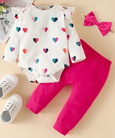 Fullfamous Baby Girl Clothes Gifts Outfits,Fall Winter Long Sleeve Romper and Pant Set Raspberry Heart 6-12 months - Image 2
