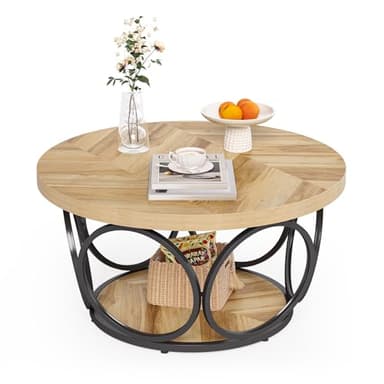 LITTLE TREE Coffee Table for Living Room, 31.5" Round Wood Center Table, Farmhouse Large Circle Coffee Tables with 2-Tier Storage, Modern Simple Brown Tea Table - Image 8