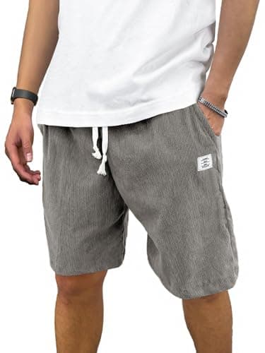 PLEPAN Mens Casual Shorts Drawstring 7 inch Corduroy Summer Beach Short Light Grey Large - Image 1