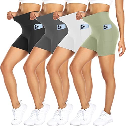 FULLSOFT 4 Pack Biker Shorts for Women – 5" High Waist Tummy Control Workout Yoga Running Compression Exercise Shorts with Pockets(4 Pack Black/Grey/Light Green/White,Small-Medium) - Image 1