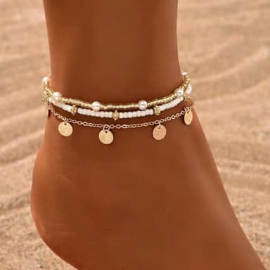 Qceasiy Shell Ankle Bracelet Set for Women, Gold Plated Boho Bead Adjustable Anklet, Hawaiian Beach Seashell Pearl Heart Starfish Conch Foot Jewelry Gifts (Disc 3Pcs) - Image 4