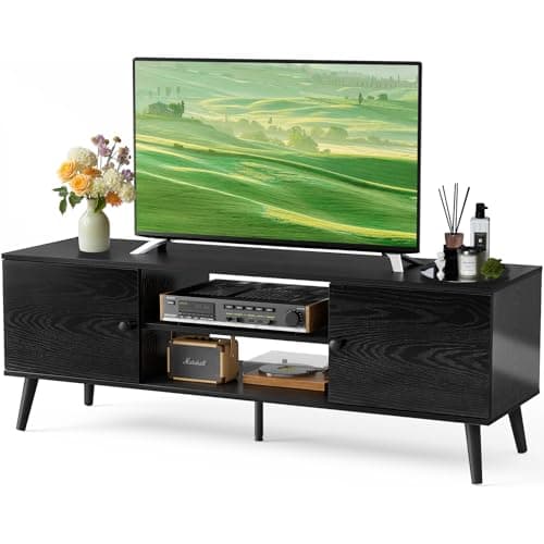 DUMOS TV Stand for 55 60 inch TV, Entertainment Center with Storage Cabinet, Mid Century Modern Media Console Table, Adjustable Hinge, Wooden Television Furniture for Living Room, Office - Black - Image 1