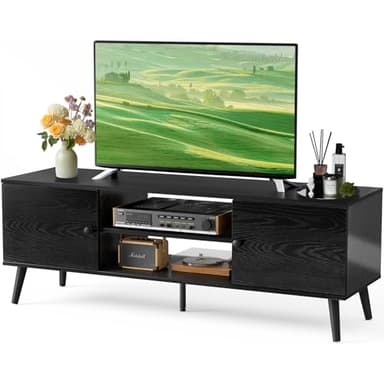 DUMOS TV Stand for 55 60 inch TV, Entertainment Center with Storage Cabinet, Mid Century Modern Media Console Table, Adjustable Hinge, Wooden Television Furniture for Living Room, Office - Black - Image 1