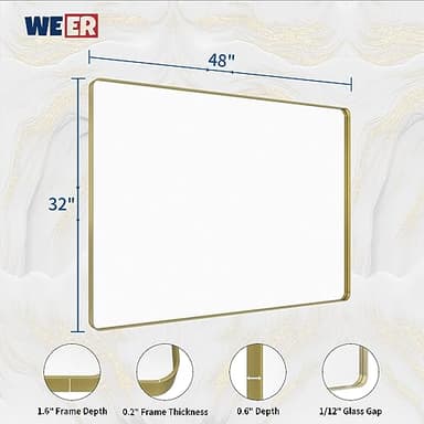 WEER Gold Bathroom Mirror, 48X32 Inch Brushed Gold Metal Frame Mirror, Rounded Rectangle Gold Bathroom Vanity Mirror for Wall, Tempered Glass, Anti-Rust, Hangs Horizontally or Vertically - Image 6