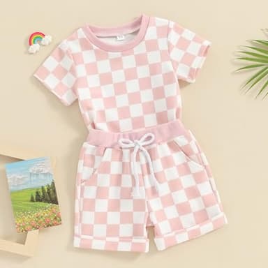 FOCUSNORM Toddler Baby Girl Outfit Newborn Girl Summer Clothes Short Sleeve T Shirt Checkerboard Top Set Elastic Waist Shorts (Checkerboard Pink, 18-24 Months) - Image 5