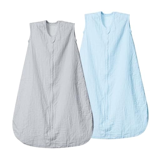 david's kids Muslin Cotton Baby Sleep Sack 18-24 Months, 2 Pack 100% Cotton Sleeping Bag for Summer, TOG 0.5 Baby Wearable Blankets with 2-Way Zipper, Soft Sleep Sacks for Newborn Infant, Grey & Blue - Image 1