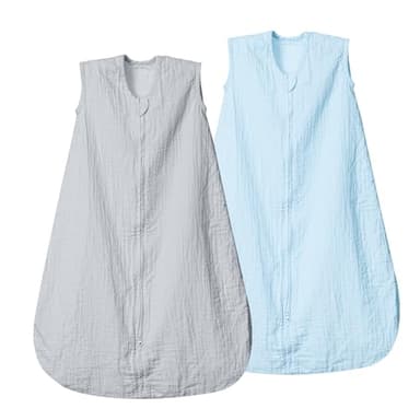 david's kids Muslin Cotton Baby Sleep Sack 18-24 Months, 2 Pack 100% Cotton Sleeping Bag for Summer, TOG 0.5 Baby Wearable Blankets with 2-Way Zipper, Soft Sleep Sacks for Newborn Infant, Grey & Blue - Image 1