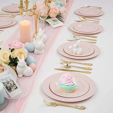 FLOWERCAT 100PCS Pink Plastic Plates - Heavy Duty Pink Party set Disposable serve for 50 guests -10 inch Dinner + 7 inch Dessert/Salad Plates for Easter,Birthday Party,Mother's Day - Image 5