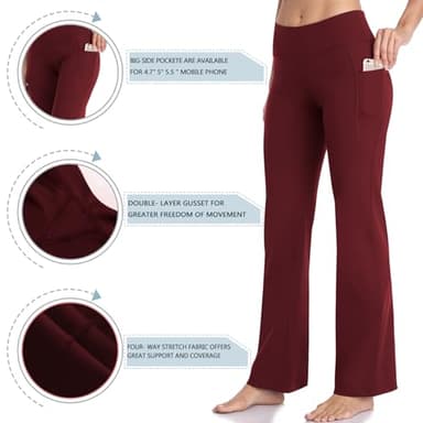HISKYWIN Side Pockets Yoga Pants 4 Way Stretch Tummy Control Workout Running Pants, Long Bootleg Flare Pants HF201-Burgundy-S - Image 5