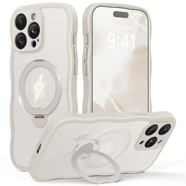 GolbinBox for iPhone 15 Pro Case,[Compatible with Magsafe][360°Magnetic Stand][Cute Wave Edge][18ft Military-Grade Protection] Translucent Matte Phone Women Case for iPhone 15 Pro,Stone - Image 1