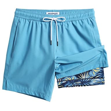 maamgic Mens Swim Trunks with Compression Liner 7 Inch Inseam Mens Bathing Suit Quick Dry Swimming Trunks Swimsuit Blue Leaf Medium - Image 1