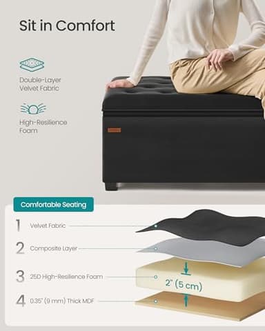 SONGMICS Velvet Storage Ottoman Bench, Foot Rest with Legs, 15.7 x 43 x 15.7 Inches, End of Bed Bench, Storage Chest, Load up to 660 lb, for Living Room, Bedroom, Entryway, Ink Black ULSF089B02 - Image 5