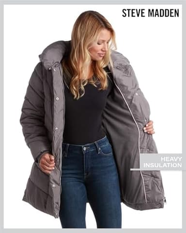 Steve Madden Women's Long Chervron Quilted Outerwear Jacket, Titanium, Medium - Image 6