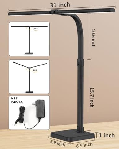 AKRRYR LED Desk Lamp for Home Office, Double Head 24W with Base, Architect Light 5 Lighting Brightness Flexible Gooseneck Table Reading Study, Black - Image 3