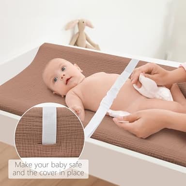 Bearmoss Changing Pad Cover, 2 Pack Muslin [100% Cotton] Diaper Changing Table Covers, 32'' x 16'' Soft Breathable Changing Pad Sheets for Unisex Baby Girls and Boys with Strap Holes (Cappuccino) - Image 3