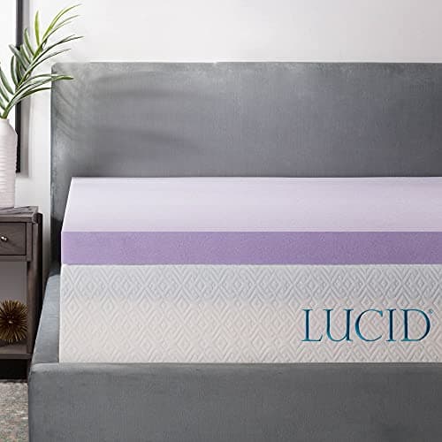 LUCID 3 Inch Lavender Infused Memory Foam Mattress Topper, Queen Size – Ventilated Design – Pressure Relieving Bed Topper - Mattress Pad – CertiPur Certified - Image 1