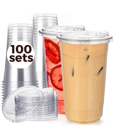 100 Pack 32 oz Clear Plastic Cups with Strawless-Sip-Lids, Disposable Cups Plastic Iced Coffee Cups, To Go Cups with Sip Through Lids for Smoothie, Milkshake, Cold Drinks for Party, Wedding, Event - Image 1