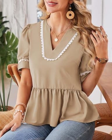 Cakulo Peplum Tops for Women 2025 Babydoll Summer Short Puff Sleeve V Neck Flowy Ladies Top Blouses Khaki S - Image 5