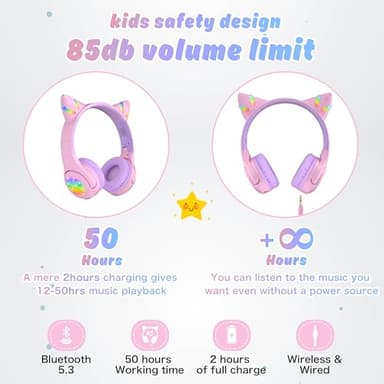Riwbox CF9 Cat Ear Kids Bluetooth Headphones with LED Light Up,Safe 85dB Volume Limit,Built-in Mic&Boom Mic for Calls,Kids Wireless&Wired Headphones for Tablet/Airplane/School/Online Learning (Purple) - Image 4