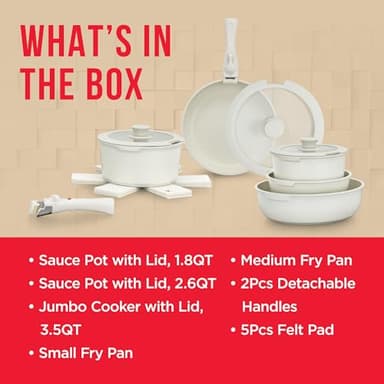 Bakken 15-Piece Non-Stick Cookware Set with Detachable Handles – Granite Stackable Pots and Pans Set, Dishwasher Safe, Oven-Safe, and Compatible Kitchen Essential for All Stoves – Cream - Image 7