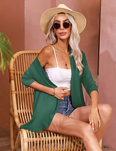 Zeagoo Women's Casual Lightweight 3/4 Sleeve Cardigan Soft Drape Open Front Fall Dusters Dark Green M - Image 3