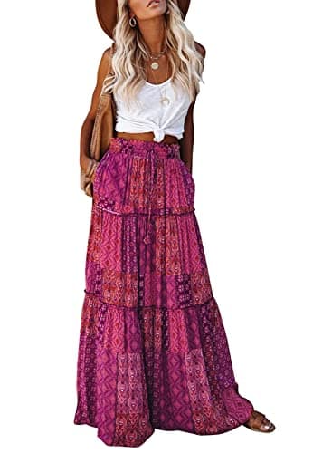 EARKOHA Womens Casual High Waist Tie Paisley Print Long Maxi Skirt with Pockets Purple M - Image 1