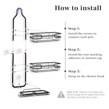 Tonswachic Bathroom Hanging Shower Organizer,Large Hanging Shower Caddy with Hooks for Razor and Sponge Rustproof,Over The Shower Head Caddy with Soap Basket - Black, SC001A - Image 6