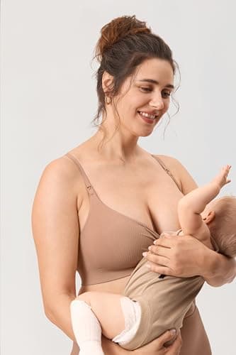MOMANDA Ribbed Nursing Bras for Breastfeeding Support Maternity Sports Bra Wireless Seamless Sleep Bralettes Gravel Beige Large - Image 3