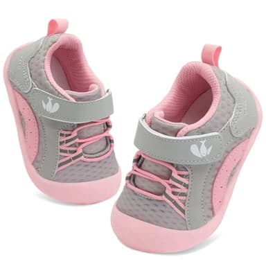 FEETCITY Wide Baby Walking Shoes Flexible Barefoot Baby Sneakers Breathable Non-Slip Infant Sock Shoes Lightweight Grey Pink - Image 1