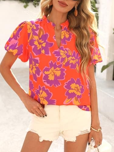 MASCOMODA Boho Short Sleeve Floral Work Blouses for Women Dressy Casual V Neck Puff Sleeve Loose Chiffon Flowy Tops Shirts(Orange Purple Flower,XX-Large) - Image 2