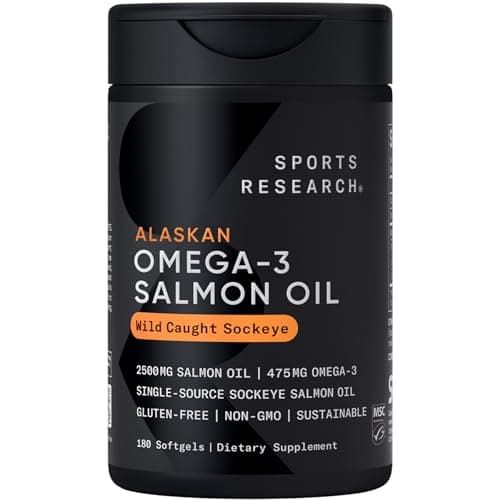 Sports Research® Salmon Oil - Single-Source Wild Alaskan Sockeye | 2500 mg per Serving w/EPA & DHA Fatty Acids | MSC Certified - 180 Count Softgels - Image 1
