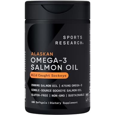 Sports Research® Salmon Oil - Single-Source Wild Alaskan Sockeye | 2500 mg per Serving w/EPA & DHA Fatty Acids | MSC Certified - 180 Count Softgels - Image 1