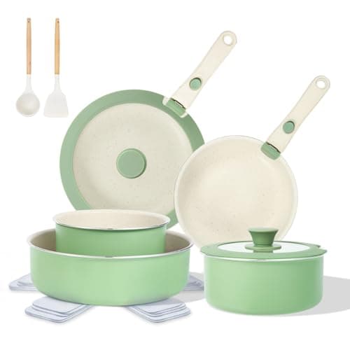 M MELENTA Pots and Pans Set Non Stick, 16pcs Induction Cookware with Detachable Handle, Space Saving Stackable Pot Set, Non Toxic Granite Kitchen Cooking Set, Oven Safe, Sage Green - Image 1