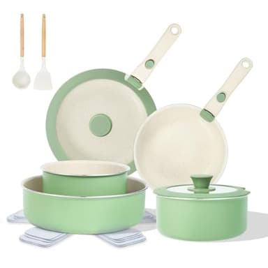 M MELENTA Pots and Pans Set Non Stick, 16pcs Induction Cookware with Detachable Handle, Space Saving Stackable Pot Set, Non Toxic Granite Kitchen Cooking Set, Oven Safe, Sage Green - Image 1