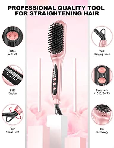 LANDOT Inoic Hair Straightener Brush for Smooth, Frizz-Free Results - Electric Heated Ceramic Straightening Brush Dual Voltage - Fast Heating Adjust Temp 250-450F for All Hair Types - Image 5